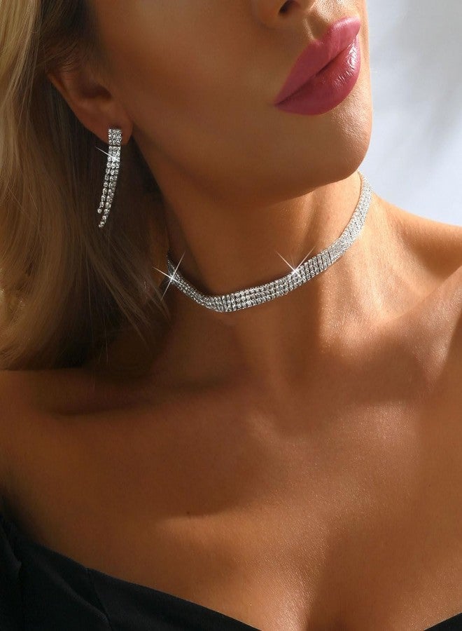 PINCHUAN Rhinestone Choker Necklaces for Women Silver Diamond Choker and Earring Prom Jewelry Set for Women Sliver choker Necklace Bridal Jewelry for Wedding Prom jewelry Gift-style B - Image 3